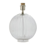 Endon Brockdale table lamp base with clear ribbed spherical glass body and satin nickel neck and bulb holder, shown on a plain white background.