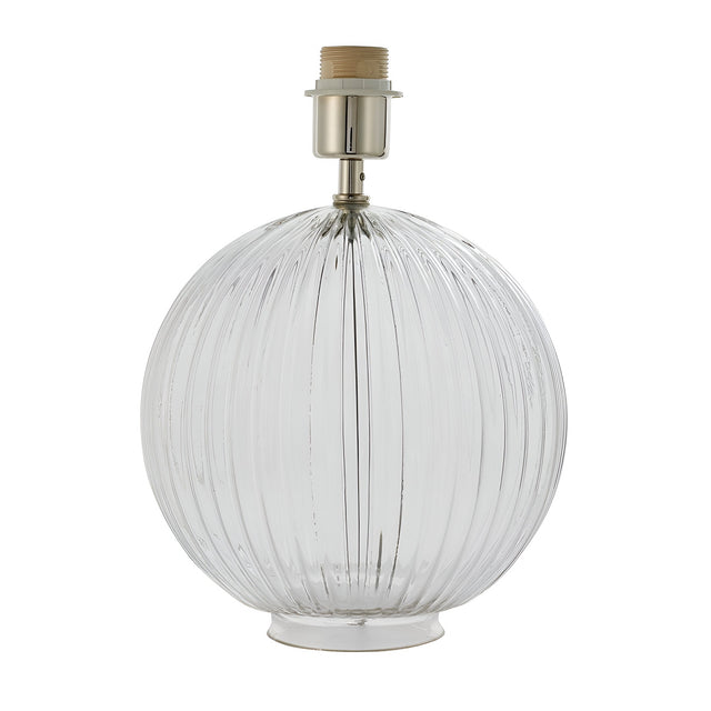 Endon Brockdale table lamp base with clear ribbed spherical glass body and satin nickel neck and bulb holder, shown on a plain white background.
