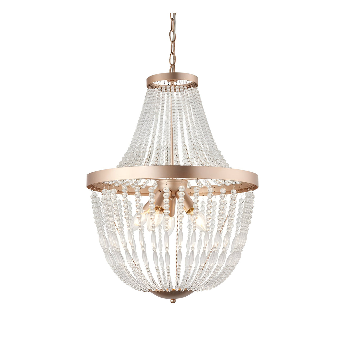 Bevdale 5 Light Pendant in gold, tiered basket shape draped with clear glass beads, hung from a chain, on a plain white background.
