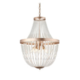Bevdale 5 Light Pendant in gold, tiered basket shape draped with clear glass beads, hung from a chain, on a plain white background.