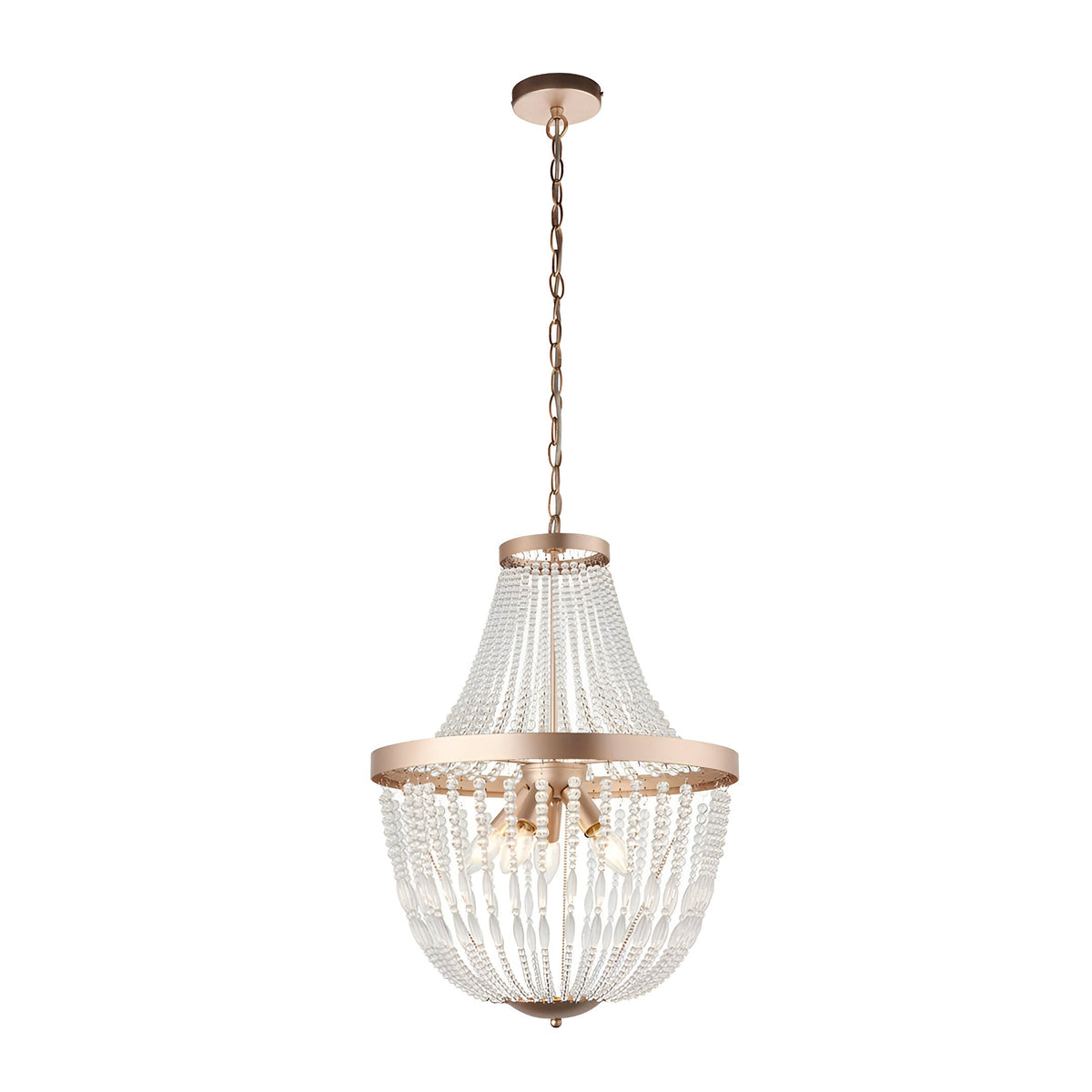 Bevdale 5 Light Pendant in gold with tiered clear glass beads on a chain suspension, shown against a plain white background.