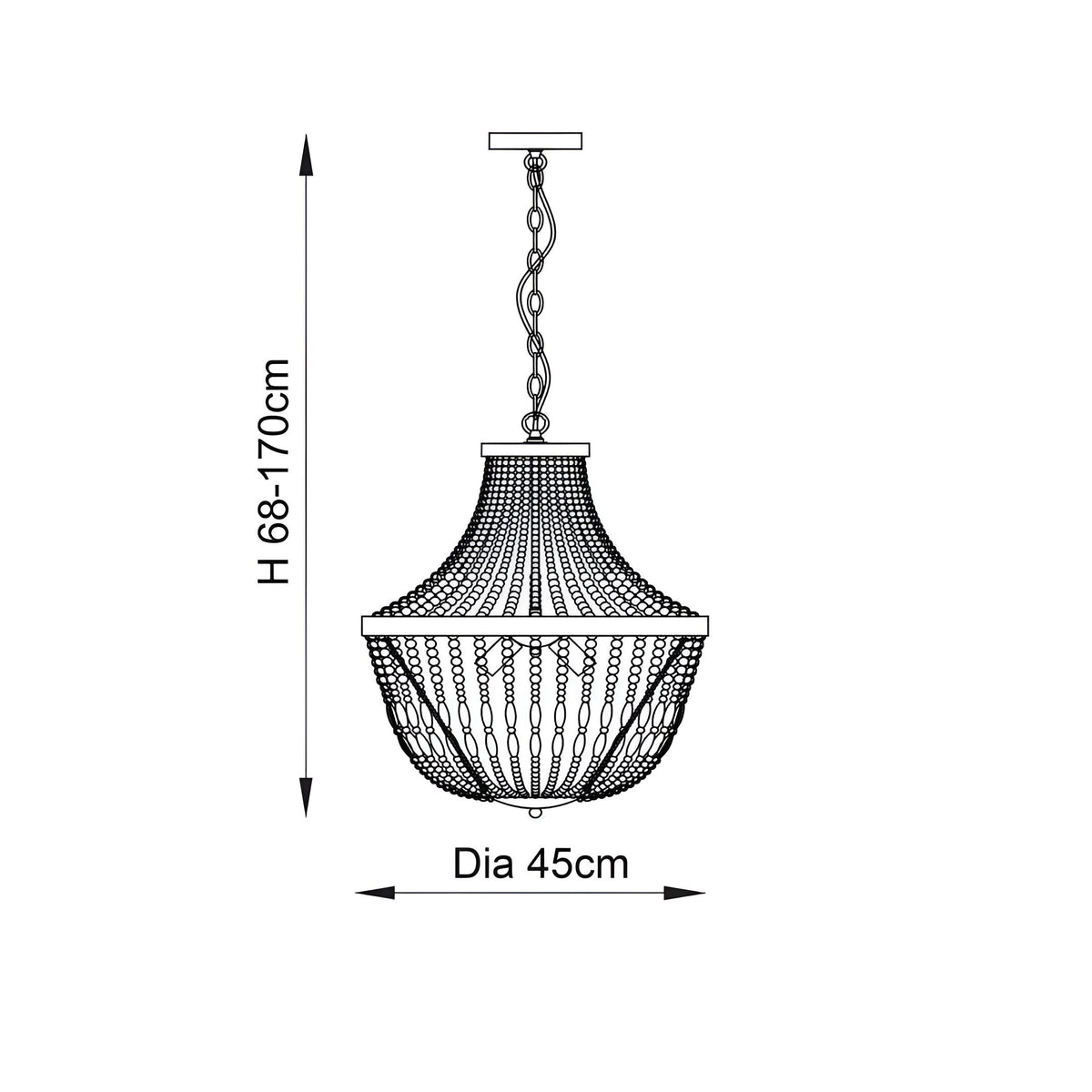 Line drawing of the Bevdale 5 Light Pendant in gold, showing a tiered beaded dome shape with adjustable chain drop, 45cm diameter, height 68-170cm.