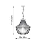 Line drawing of the Bevdale 5 Light Pendant in gold, showing a tiered beaded dome shape with adjustable chain drop, 45cm diameter, height 68-170cm.