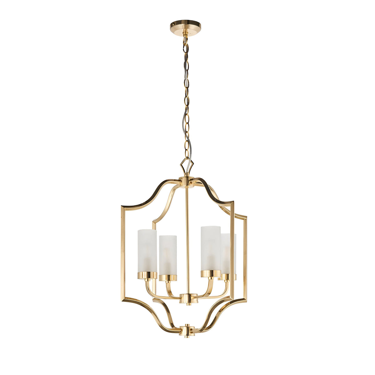 Endon Brackford 4 light pendant in satin brass with shaped frame, frosted glass cylinder shades and chain suspension, on a white background.