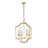 Endon Brackford 4 light pendant in satin brass with shaped frame, frosted glass cylinder shades and chain suspension, on a white background.