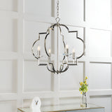 Bramfield 4 Light Pendant in polished nickel with quatrefoil frame and crystal bobeches, hanging from a chain in a panelled white room.