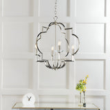 Bramfield 4 Light Pendant in polished nickel with quatrefoil frame and crystal bobeches, hung on a chain above a mirrored console in a light-panelled room.