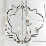 Bramfield 4 Light Pendant in polished nickel with an ornate scrolled frame, crystal glass bobeches, and candle-style bulbs, shown against a white panelled wall.