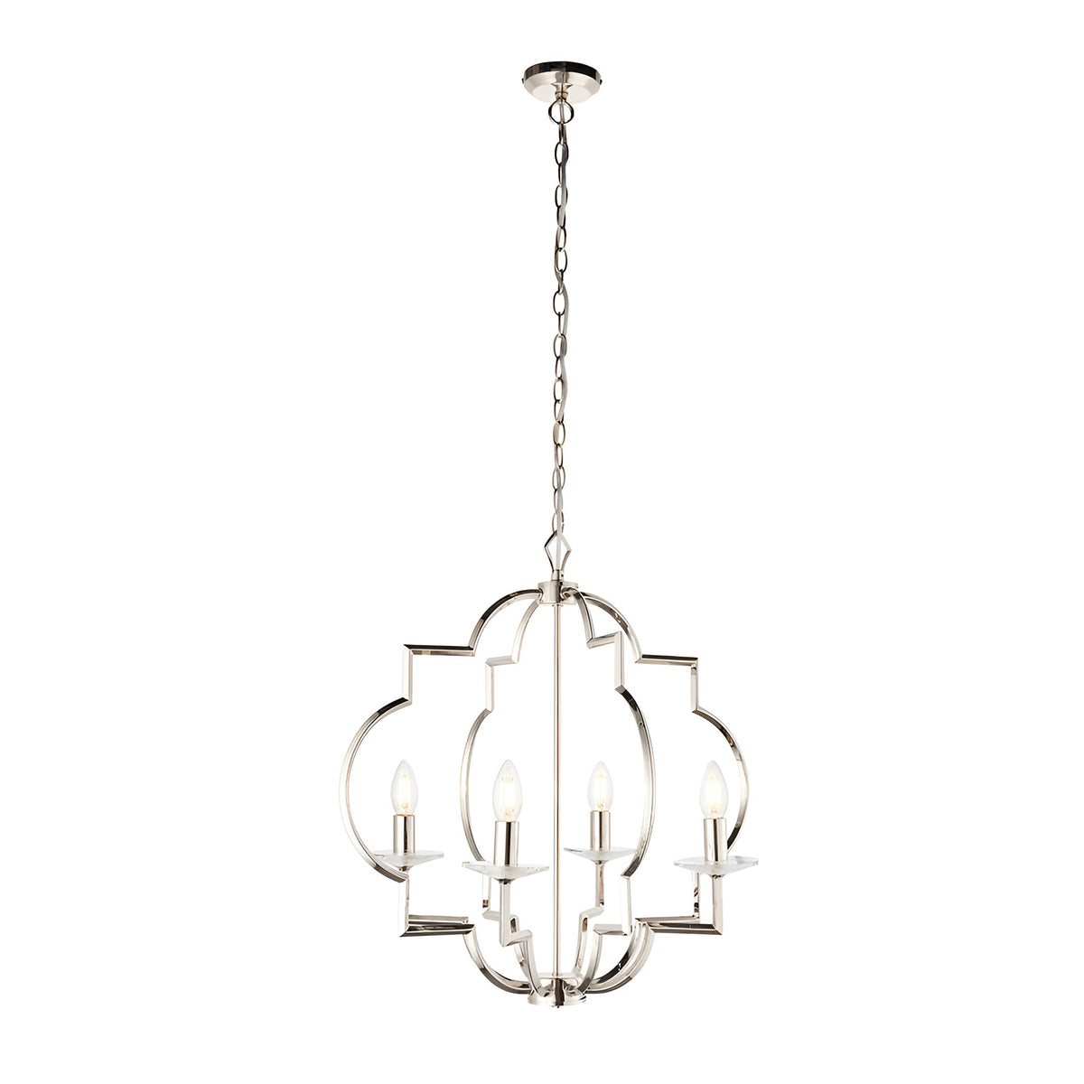 Bramfield 4 Light Pendant in polished nickel with an open quatrefoil frame, four candle-style E14 bulbs and crystal bobeches, hung from a chain.