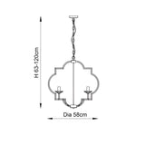 Bramfield 4 Light Pendant in polished nickel, quatrefoil frame with candle-style arms, shown as a line drawing with height and diameter dimensions.