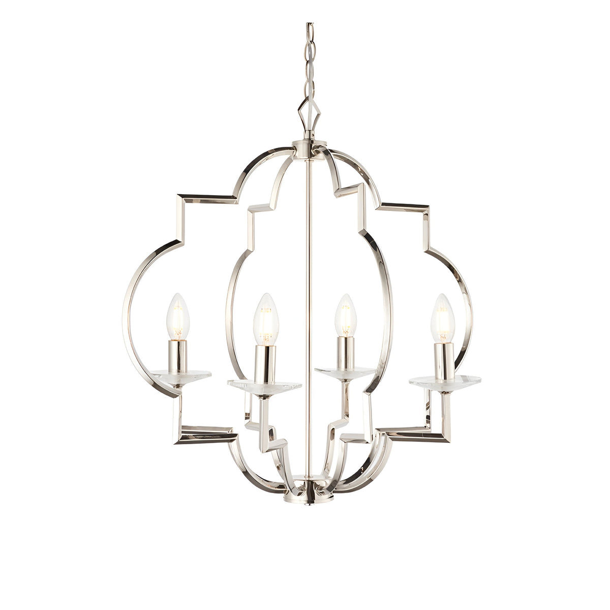Bramfield 4-Light Pendant in polished nickel with an open geometric frame, candle-style bulbs, and crystal glass bobeches.