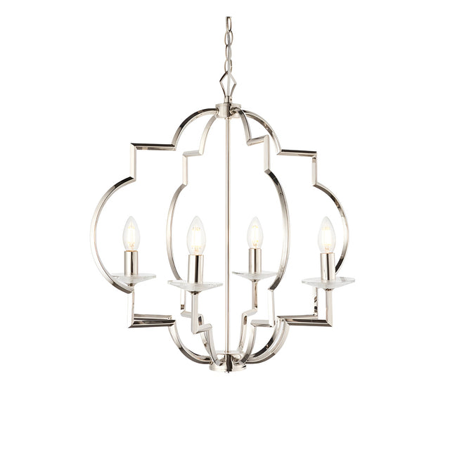 Bramfield 4-Light Pendant in polished nickel with an open geometric frame, candle-style bulbs, and crystal glass bobeches.