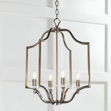 Endon Caldbourne 4 light pendant in antique brass with a curved open lantern frame, four E14 candle bulbs and clear crystal bobeches, chain suspended.