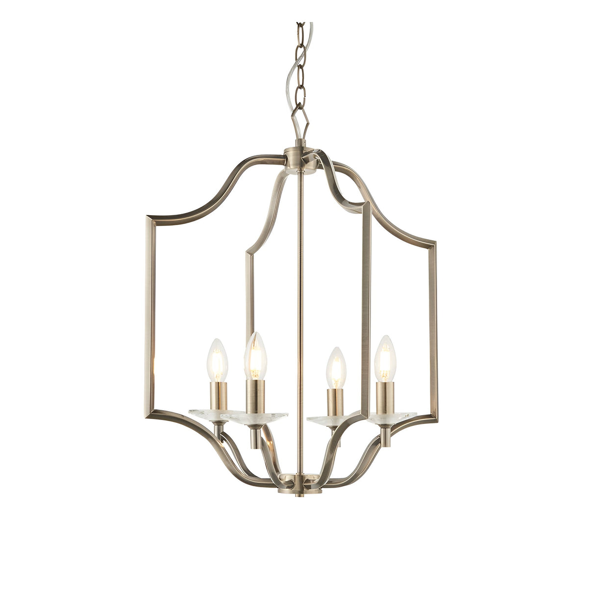 Endon Caldbourne 4 light pendant in antique brass with curved open frame, E14 candle lamps and clear crystal bobeches, on chain suspension.