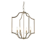 Endon Caldbourne 4 light pendant in antique brass with curved open frame, E14 candle lamps and clear crystal bobeches, on chain suspension.