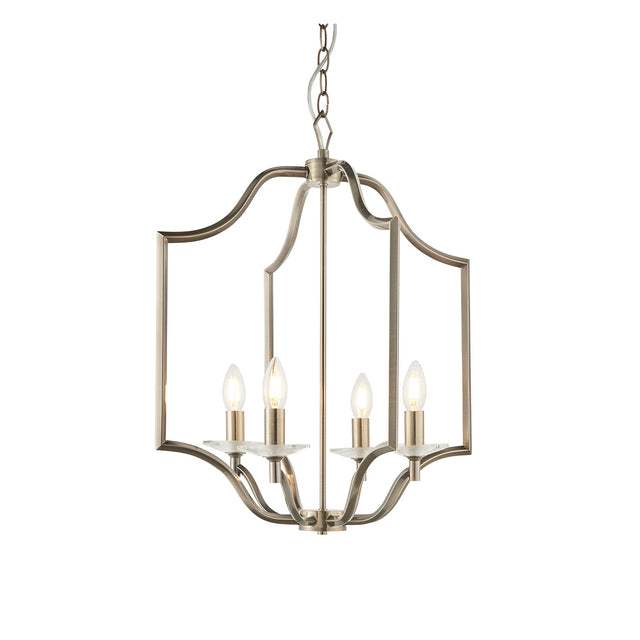 Endon Caldbourne 4 light pendant in antique brass with curved open frame, E14 candle lamps and clear crystal bobeches, on chain suspension.