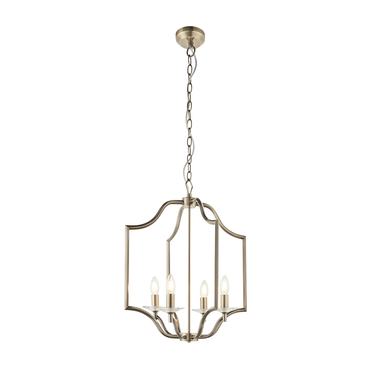 Endon Caldbourne 4 light pendant in antique brass with an open curved frame, four E14 candle lamps and clear crystal bobeches, on a chain drop.