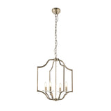 Endon Caldbourne 4 light pendant in antique brass with an open curved frame, four E14 candle lamps and clear crystal bobeches, on a chain drop.