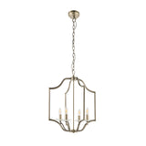 Endon Caldbourne 4 light pendant in antique brass with a curved open frame, E14 candle lamps and clear crystal bobeches, on a chain suspension.