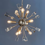Carlgrove 9-Light Pendant in satin nickel with sputnik-style rods, clear crystal glass accents, and exposed bulbs, shown on a grey background.