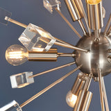 Close-up of the Carlgrove 9 Light Pendant in satin nickel, showing radiating rods with clear crystal cube details and exposed bulbs against a grey background.