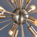 Close-up of the Carlgrove 9 Light Pendant in satin nickel, showing radiating metal rods and central sphere with bare bulbs, set against a grey background.