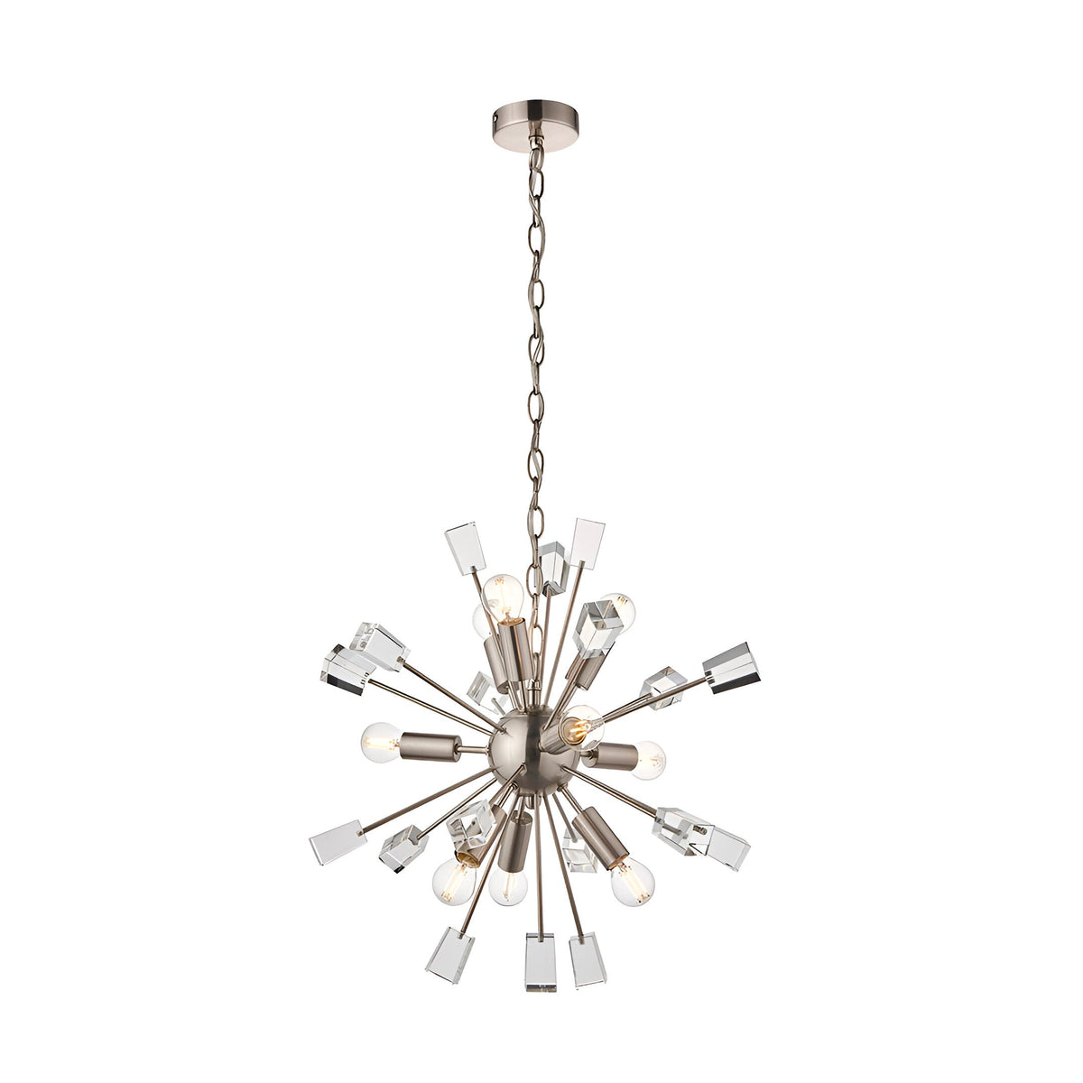 Carlgrove 9-light sputnik pendant in satin nickel with radiating rods, clear crystal accents, and an adjustable chain.