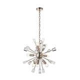 Carlgrove 9-light sputnik pendant in satin nickel with radiating rods, clear crystal accents, and an adjustable chain.