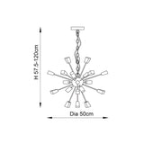 Line drawing of the Carlgrove 9 Light Pendant in nickel with radiating rods, sunburst design, adjustable chain, H 57.5-120cm, Dia 50cm.