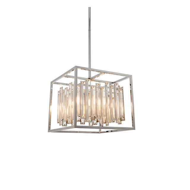 Endon Aldbourne 4 light square pendant in polished chrome with bevelled glass crystal drops, suspended from a slim rod on a white background.