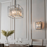 Endon Aldbourne 4 light square pendant in polished chrome with bevelled glass crystals, shown with matching wall light in a panelled dining room.