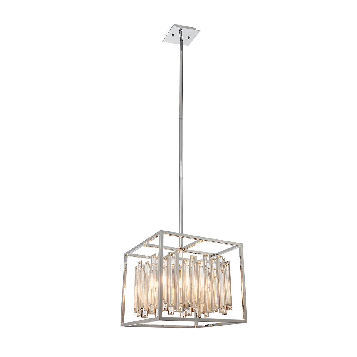 Endon Aldbourne 4 light square pendant in polished chrome with bevelled glass crystal drops, suspended from a slim drop rod on a white background.