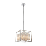 Endon Aldbourne 4 light square pendant in polished chrome with bevelled glass crystal drops, suspended from a slim drop rod on a white background.