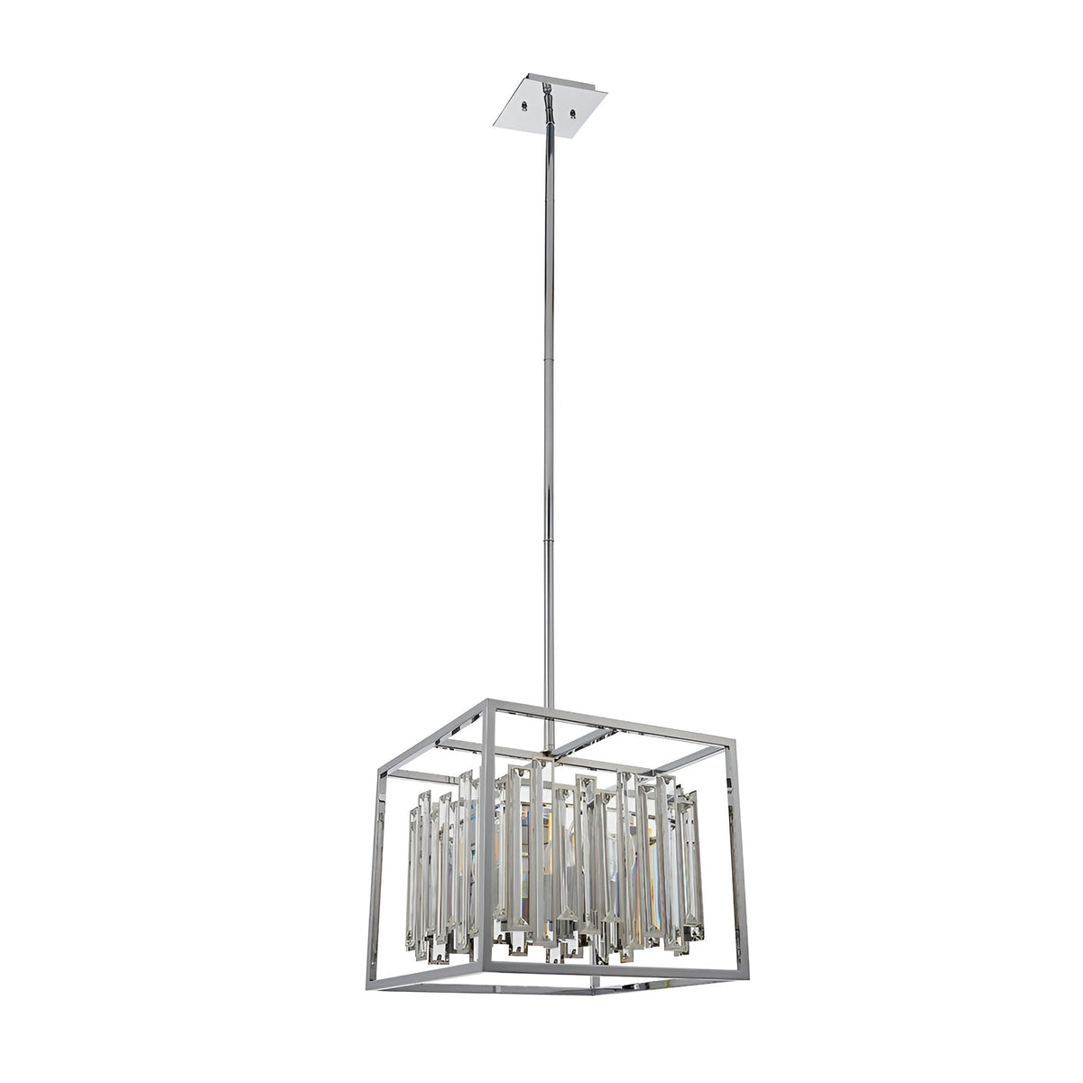 Endon Aldbourne 4 light pendant with a square chrome frame, bevelled glass crystals and a slim drop rod, shown on a plain white background.