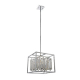 Endon Aldbourne 4 light pendant with a square chrome frame, bevelled glass crystals and a slim drop rod, shown on a plain white background.