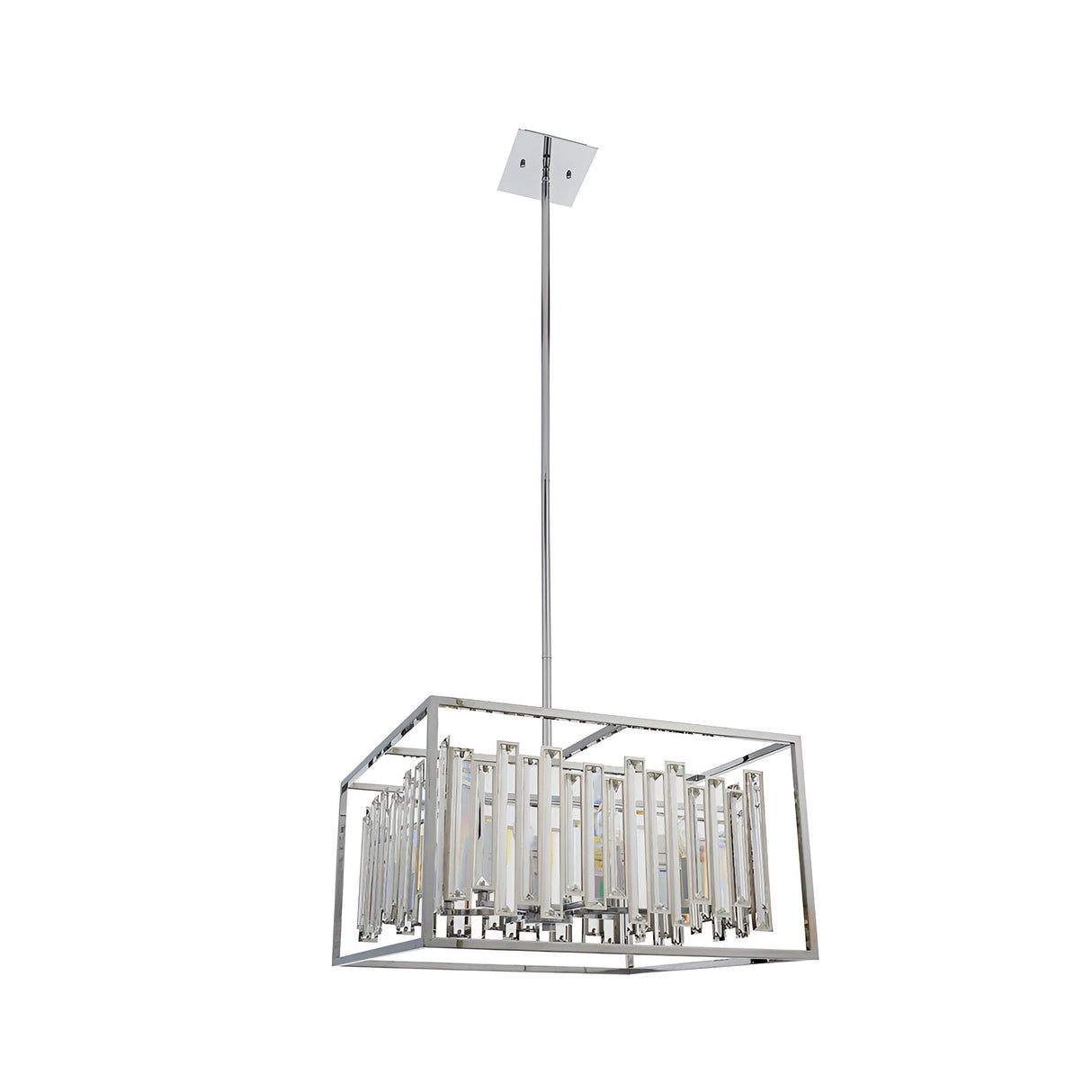 Aldbourne 6 Light Pendant in polished chrome, square frame with bevelled glass crystal rods on a long rod suspension, shown on a plain white background.
