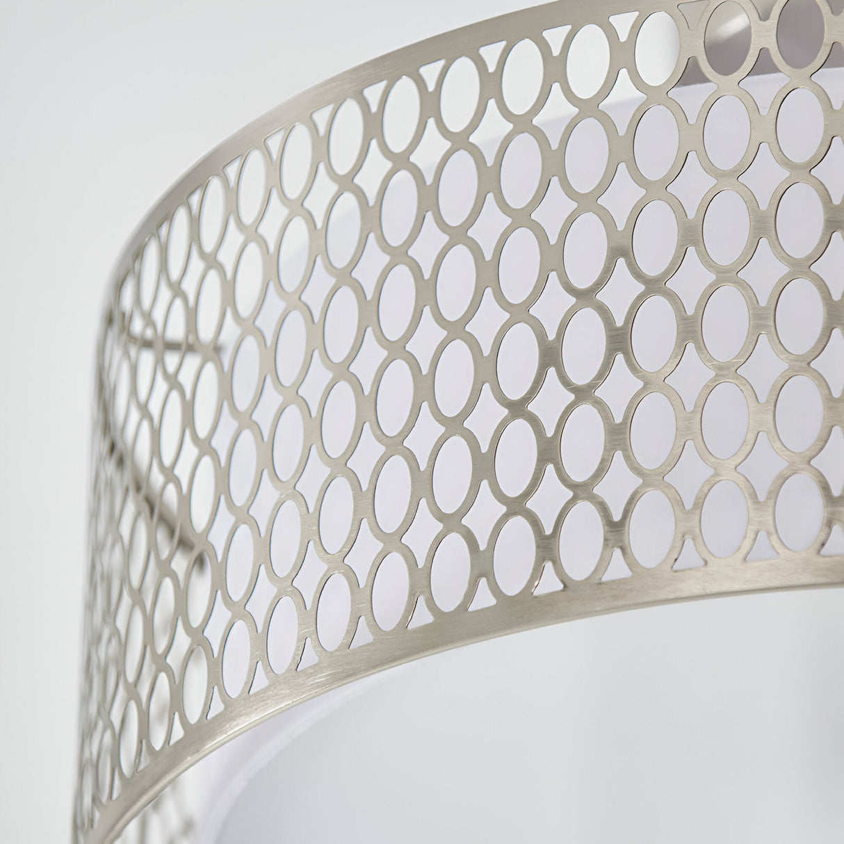 Close-up of the Endon Rosaline 3 Light flush ceiling light showing the nickel metal band with pierced circular lattice pattern around a white fabric shade.