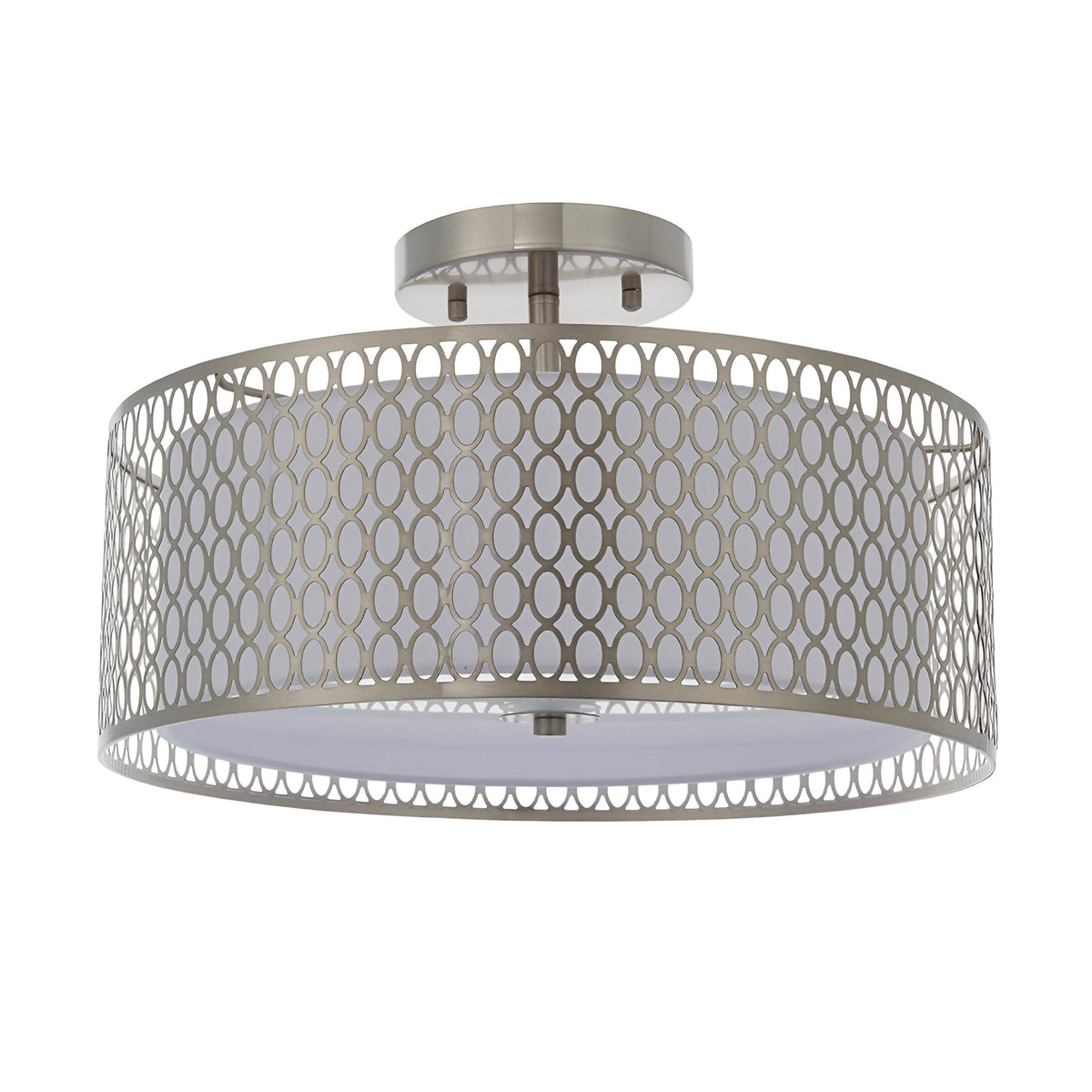 Endon Rosaline 3 light flush ceiling light in nickel, featuring a drum shade with circular cut-out metal lattice over fabric, on a plain background.