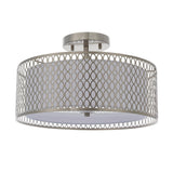 Endon Rosaline 3 light flush ceiling light in nickel, featuring a drum shade with circular cut-out metal lattice over fabric, on a plain background.