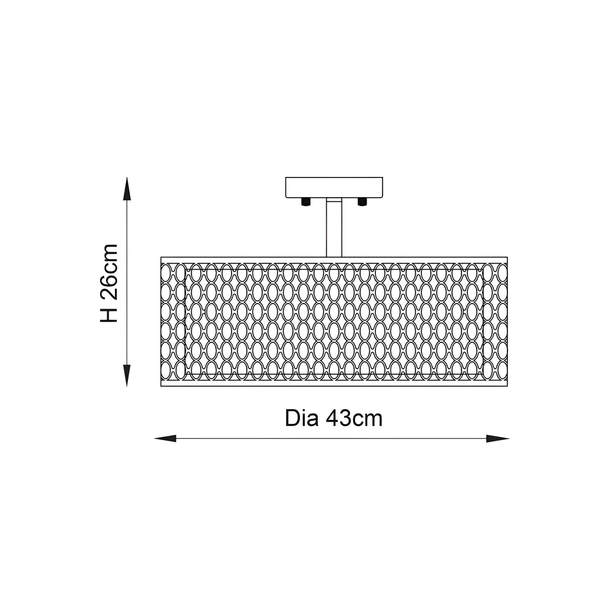 Dimension diagram of the Endon Rosaline 3 Light Flush Ceiling Light in nickel, showing 43cm diameter and 26cm height on a plain background.