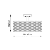 Dimension diagram of the Endon Rosaline 3 Light Flush Ceiling Light in nickel, showing 43cm diameter and 26cm height on a plain background.
