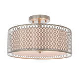 Endon Rosaline 3 light flush ceiling light in nickel with circular cut-out drum shade and fabric inner, shown on a plain white background.
