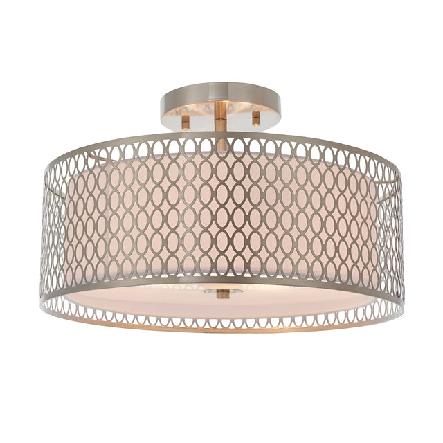 Endon Rosaline 3 light flush ceiling light in nickel with circular cut-out drum shade and fabric inner, shown on a plain white background.