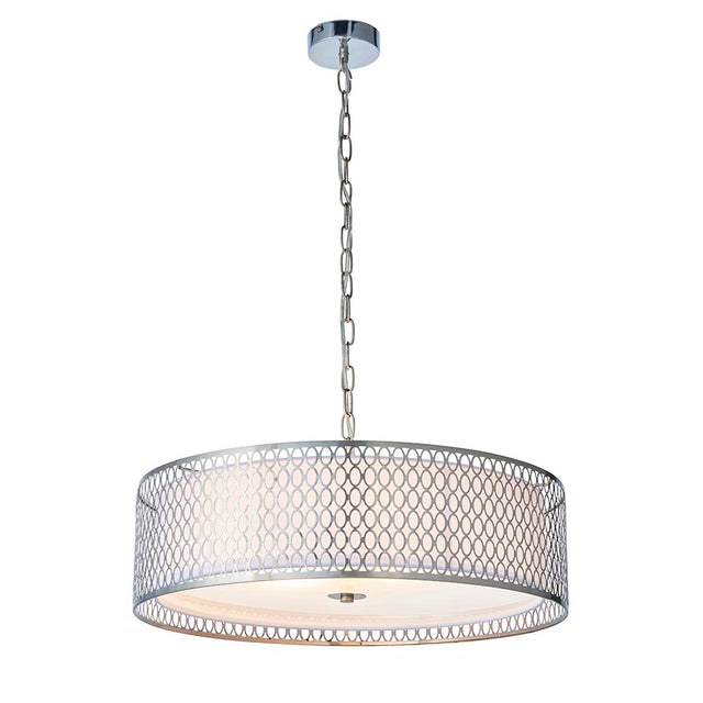 Endon Rosaline 3 Light Pendant in nickel with circular geometric fretwork outer, white fabric inner shade and frosted glass diffuser, on a chain suspension.