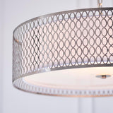 Close-up of Endon Rosaline 3 Light Pendant showing satin nickel circular fretwork drum shade with white fabric inner and frosted glass diffuser.