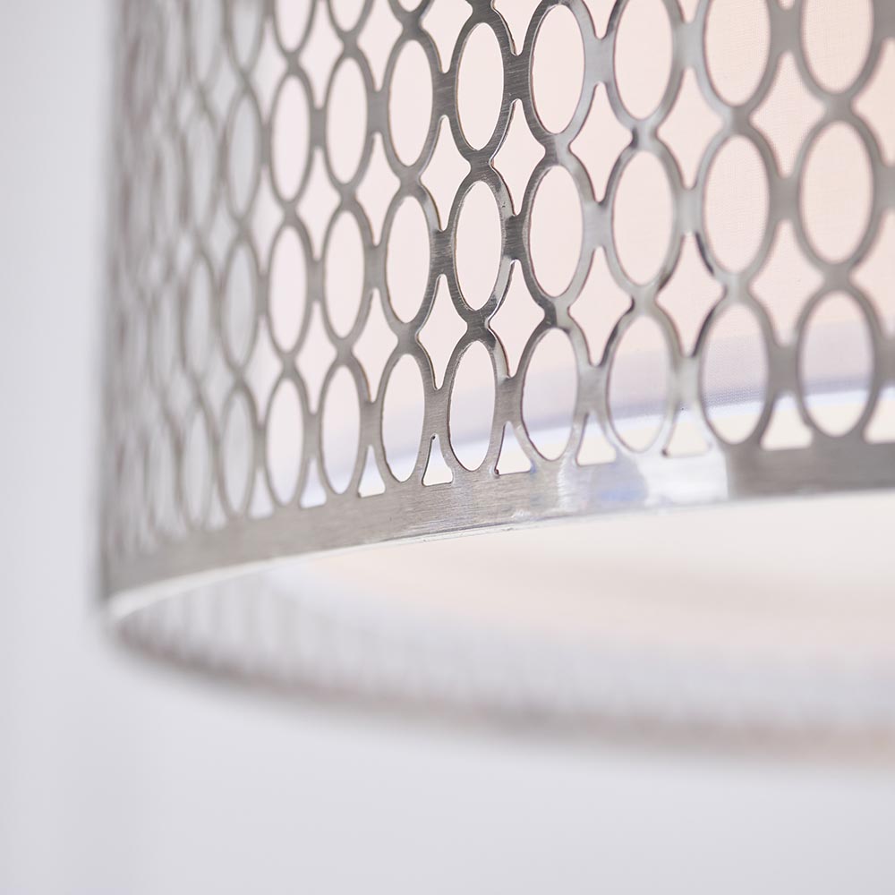 Close-up of Endon Rosaline 3 Light Pendant showing satin nickel circular fretwork outer shade with white fabric inner and frosted glass diffuser.