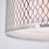 Close-up of Endon Rosaline 3 Light Pendant showing satin nickel circular fretwork outer shade with white fabric inner and frosted glass diffuser.