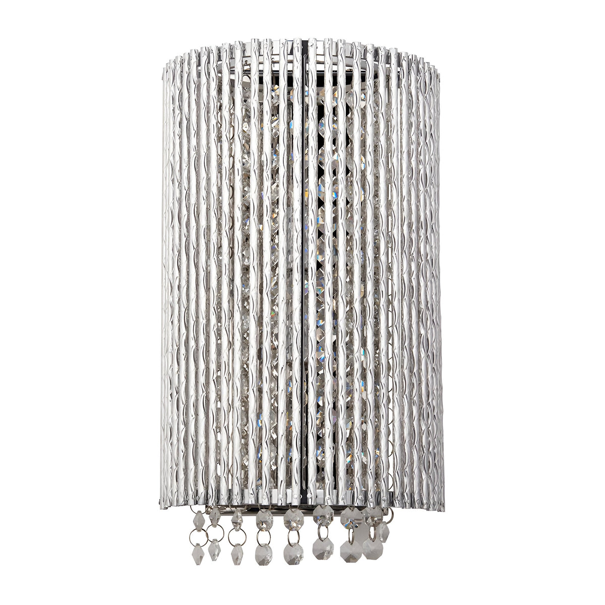 Endon Isadora 2 light wall light with twisted polished chrome rods surrounding K9 clear crystals and hanging droplets, shown on a white background.