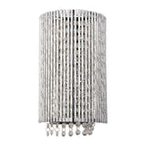 Endon Isadora 2 light wall light with twisted polished chrome rods surrounding K9 clear crystals and hanging droplets, shown on a white background.