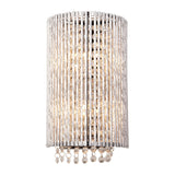 Endon Isadora 2 light wall light in polished chrome with twisted rods and K9 clear crystals, illuminated against a plain white background.